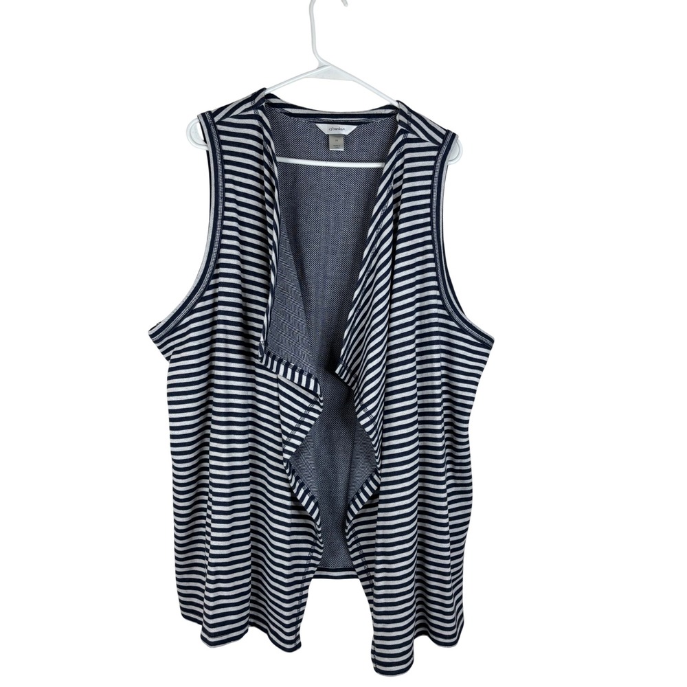 CJ Banks Vest Womens 2X Blue White Striped Draped Open Front Cotton Blend Knit